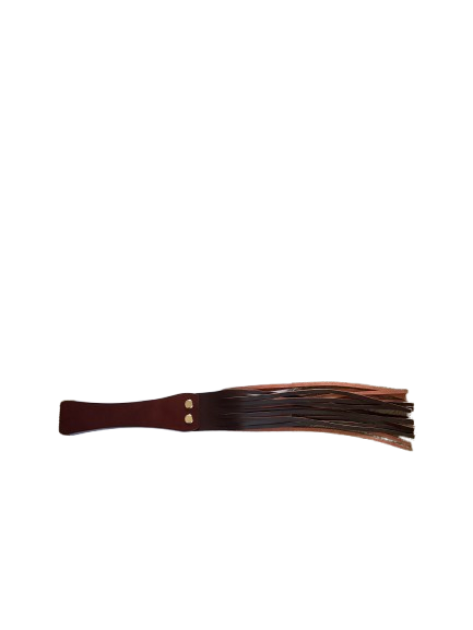 Full-length view of black leather flogger with wooden handle on a white background