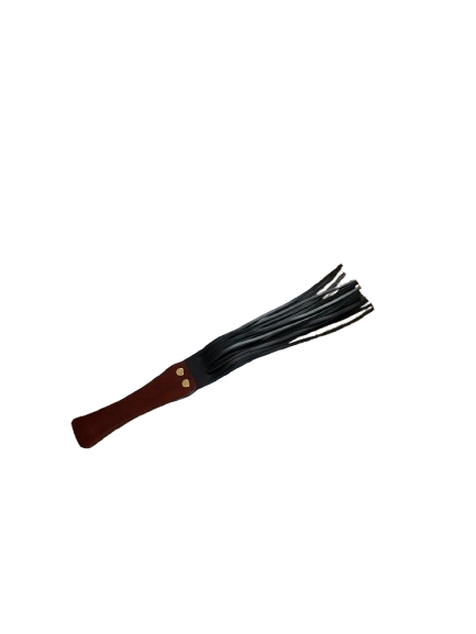 A black leather flogger whip with a dark brown handle and two gold-colored metal rivets, shown against a plain white background.