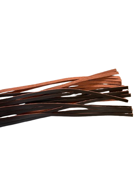 A bundle of faux leather flogger tails showing dark brown outside and warm tan/copper shades of the inside, shown against a plain white background.