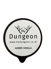 Load image into Gallery viewer, A round sticker on a lid with a black border and a white center, featuring the text 'My Dungeon www.mydungeon.co.uk'