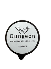 Load image into Gallery viewer, A circular white leather patch with a black border, featuring the text 'My Dungeon' with antler graphics, the website 'www.mydungeon.co.uk'