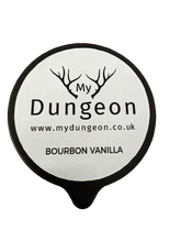 Load image into Gallery viewer, A round white sticker with the brand name 'My Dungeon' and 'Bourbon Vanilla' printed on it, set against a plain white background.
