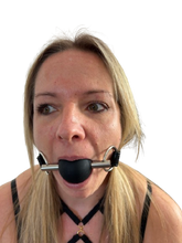 Load image into Gallery viewer, Black ball gag on leather strap for BDSM restraint play